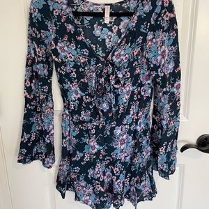 Blue Floral Print Long Sleeve Romper